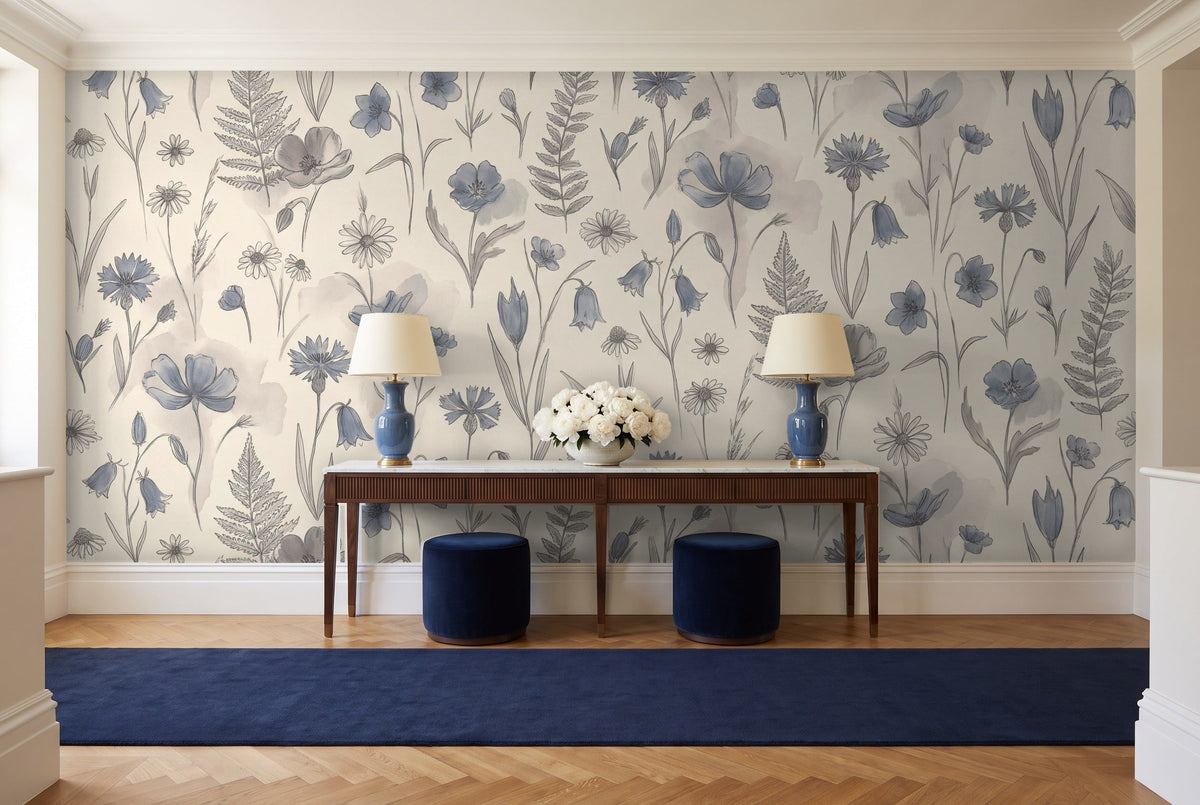 Blue Wildflower Floral Mural in an entryway