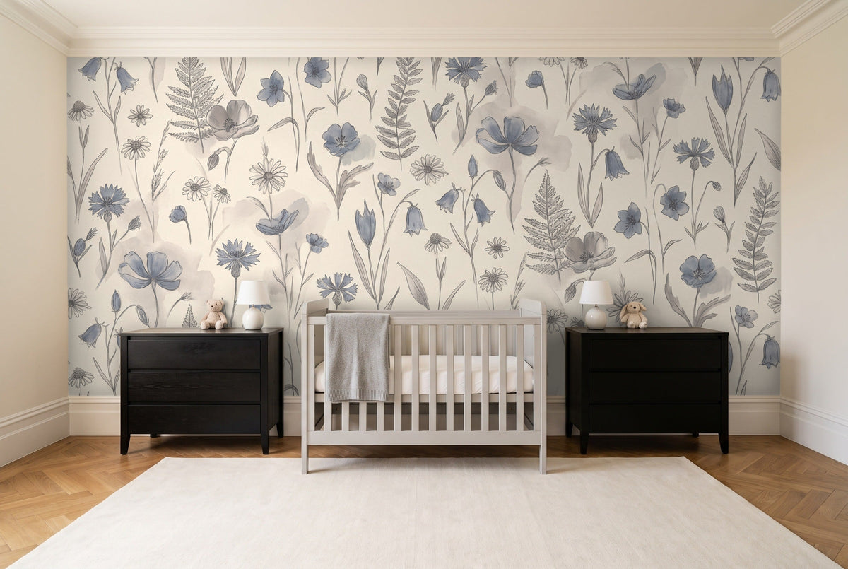 Blue Wildflower Floral Mural in a nursery