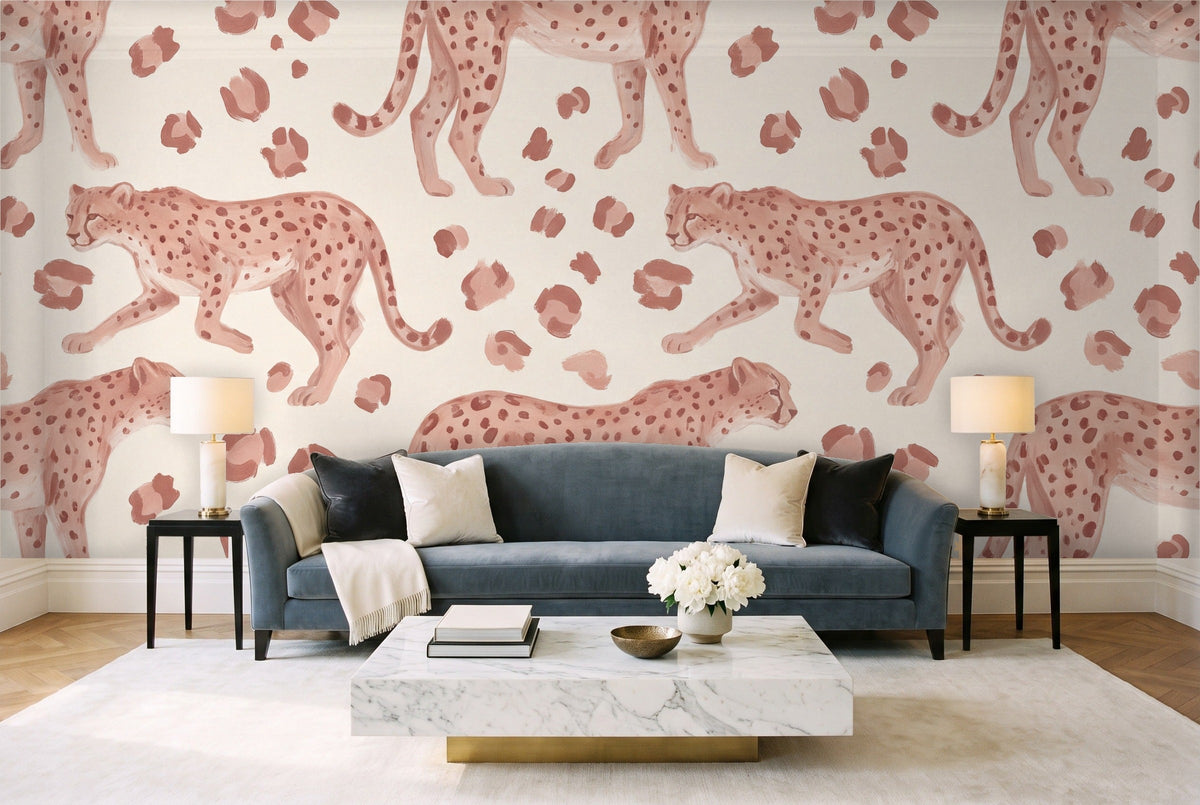Blush Cheetah Animal Mural in a living room
