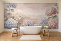 Blush Hydrangea Floral Mural in a bathroom