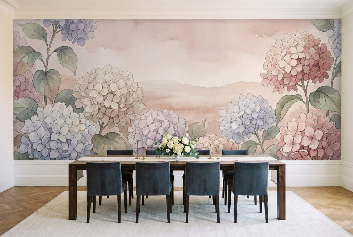 Blush Hydrangea Floral Mural in a dining room