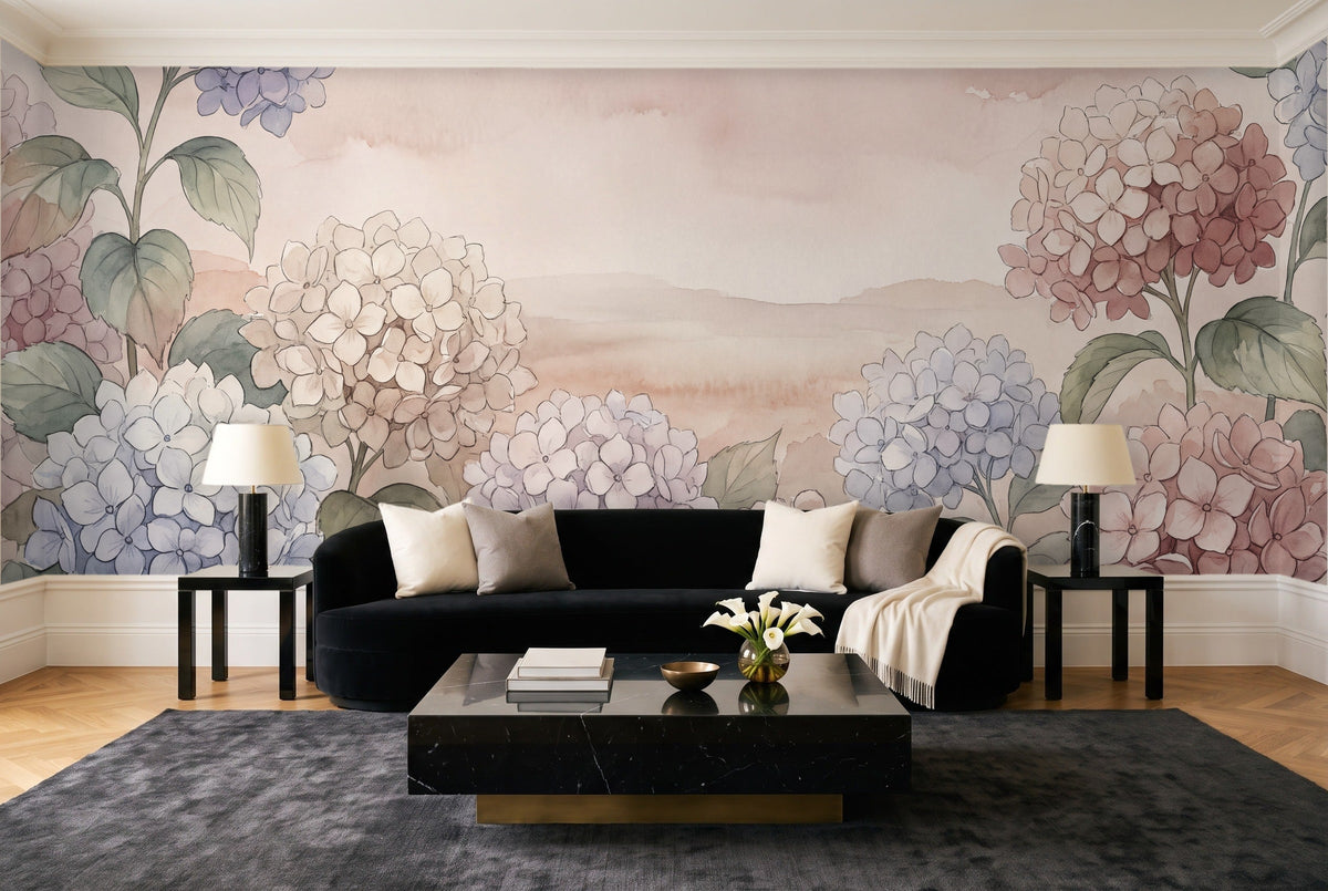 Blush Hydrangea Floral Mural in a living room