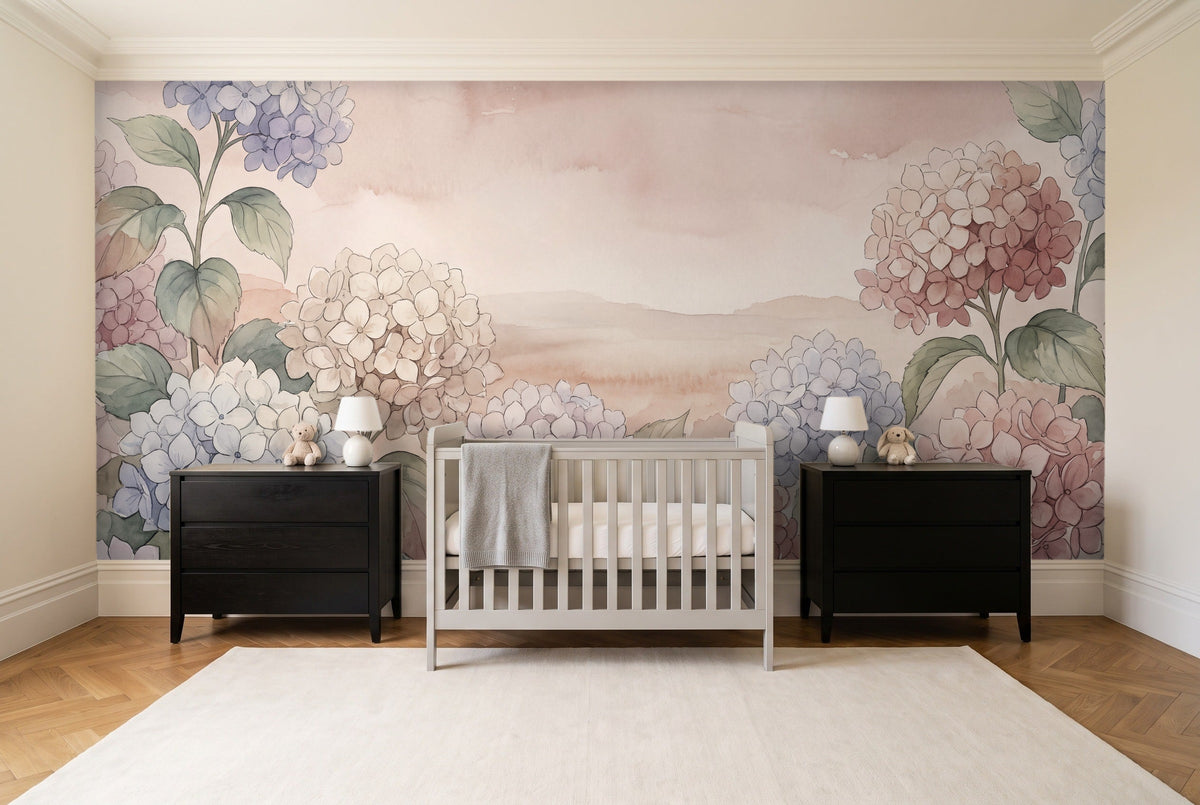 Blush Hydrangea Floral Mural in a nursery