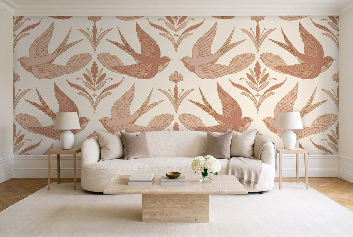 Blush Swallow Animal Mural in a living room