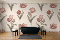 Blush Tulip Floral Mural in a bathroom