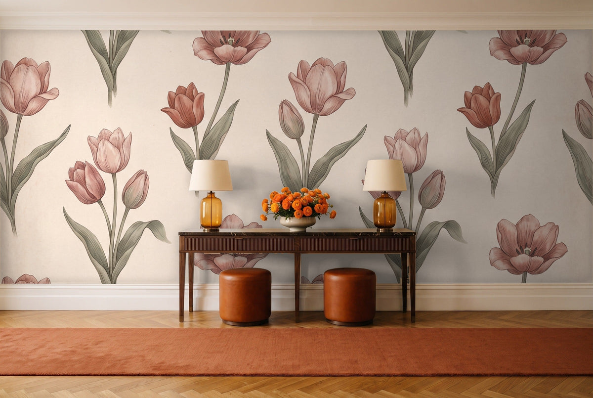 Blush Tulip Floral Mural in an entryway