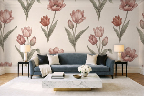 Blush Tulip Floral Mural in a living room