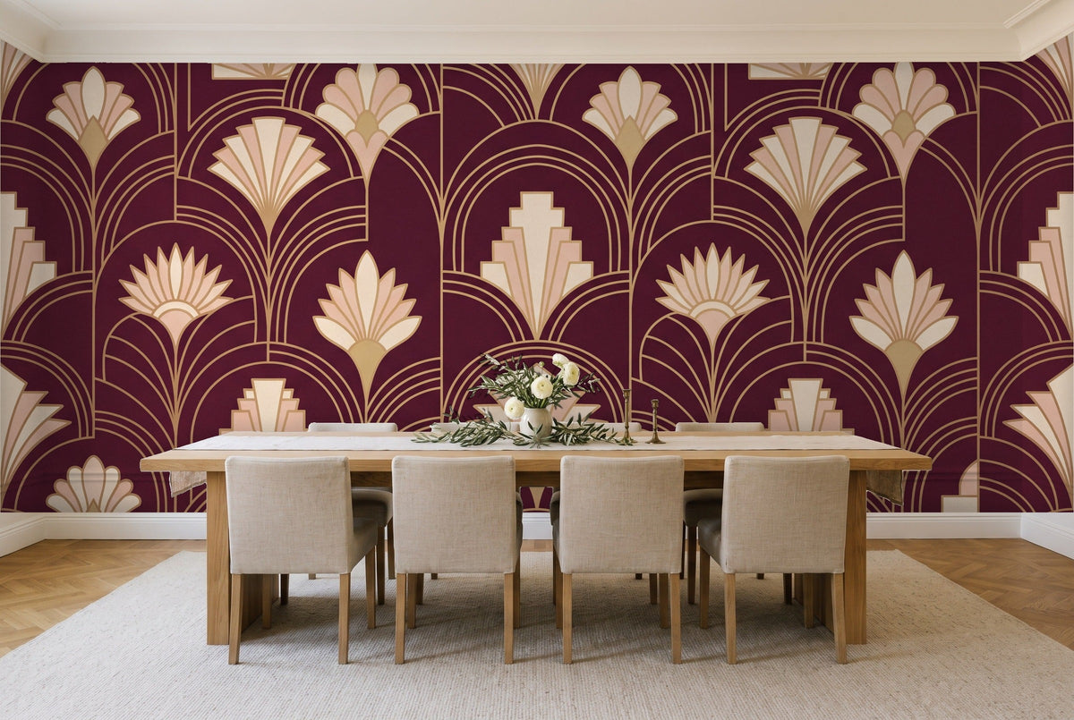 Burgundy Art Deco Mural in a dining room