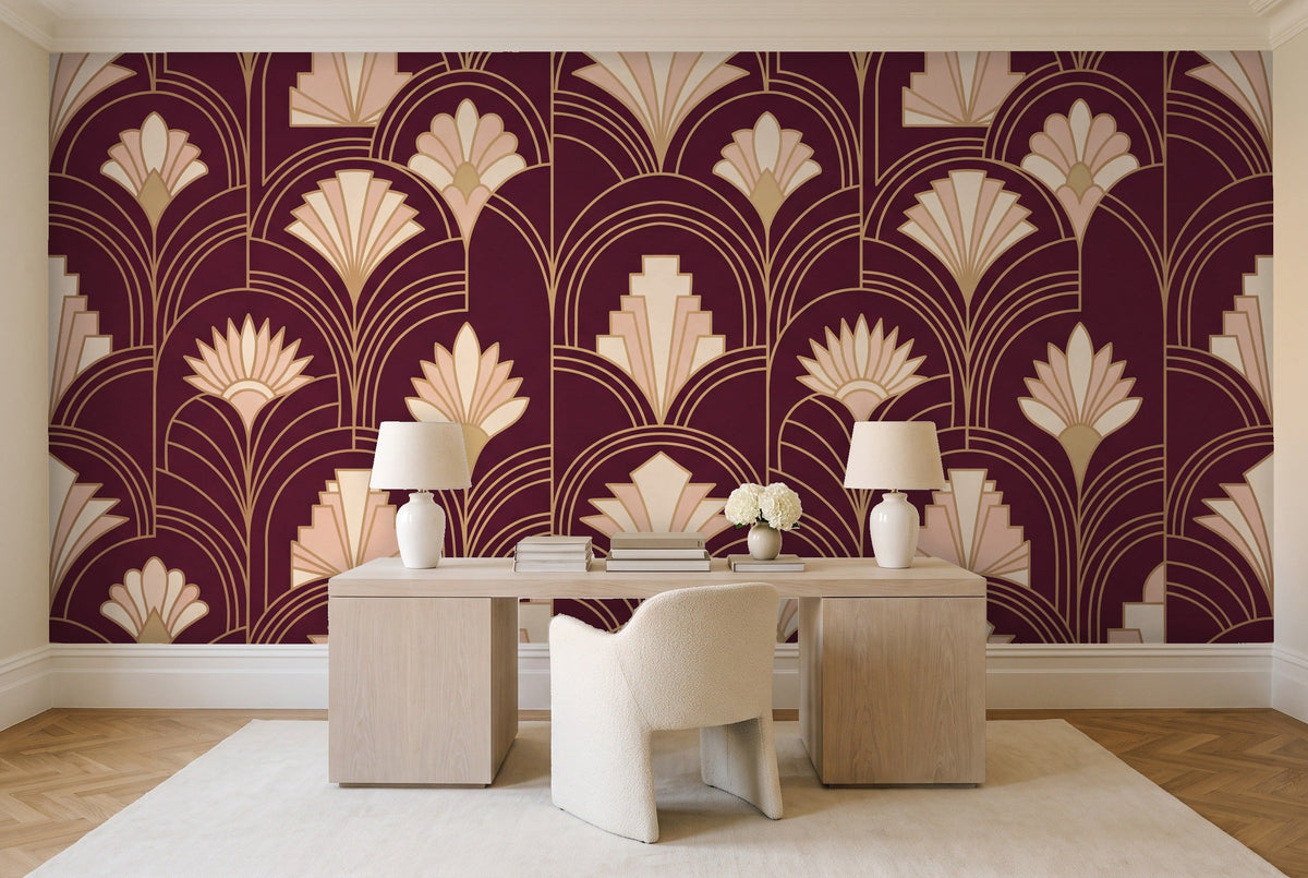 Burgundy Art Deco Mural in a home office