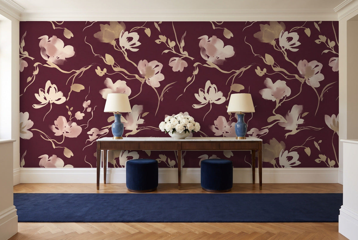 Burgundy Brushstroke Abstract Mural in an entryway