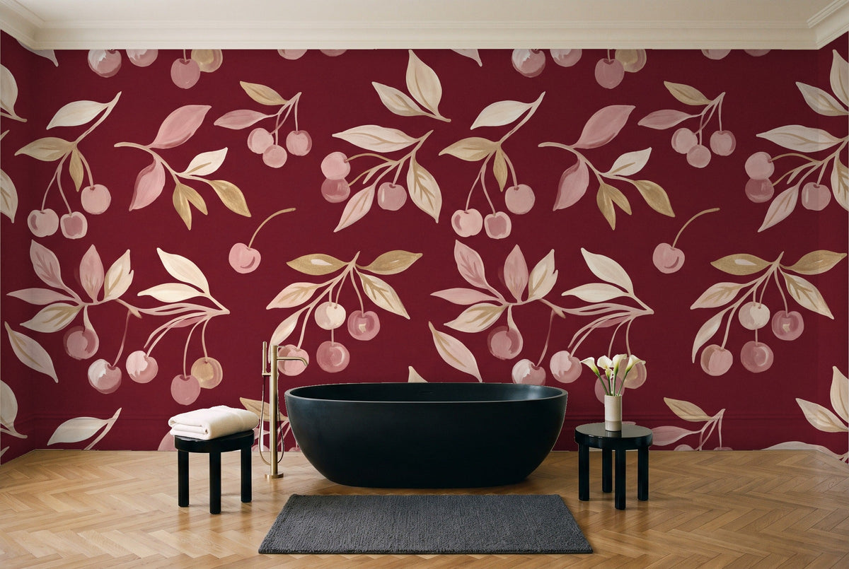 Burgundy Cherry Botanical Mural in a bathroom