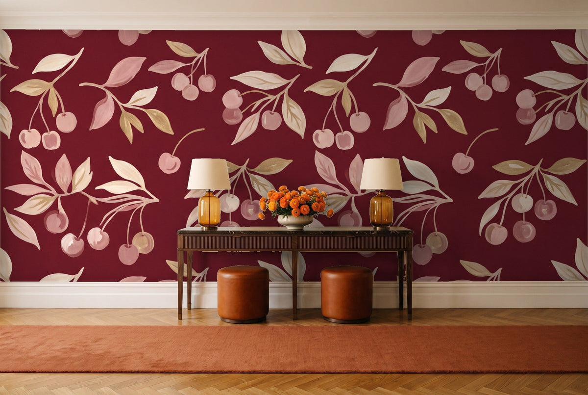 Burgundy Cherry Botanical Mural in an entryway