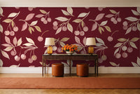 Burgundy Cherry Botanical Mural in an entryway