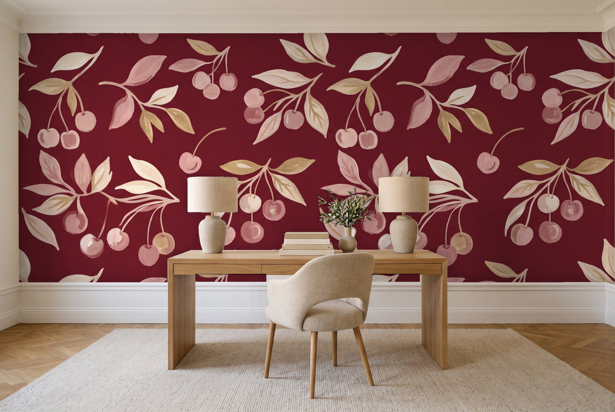 Burgundy Cherry Botanical Mural in a home office