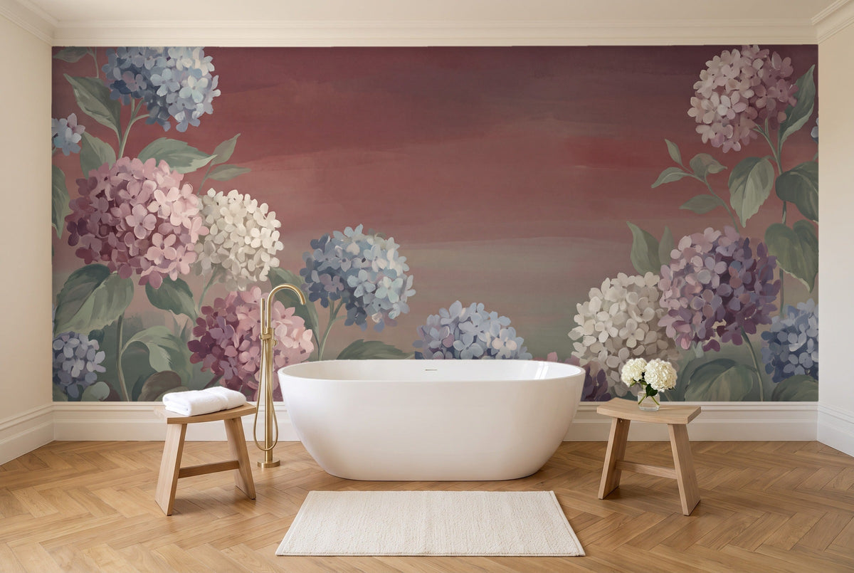 Burgundy Hydrangea Floral Mural in a bathroom