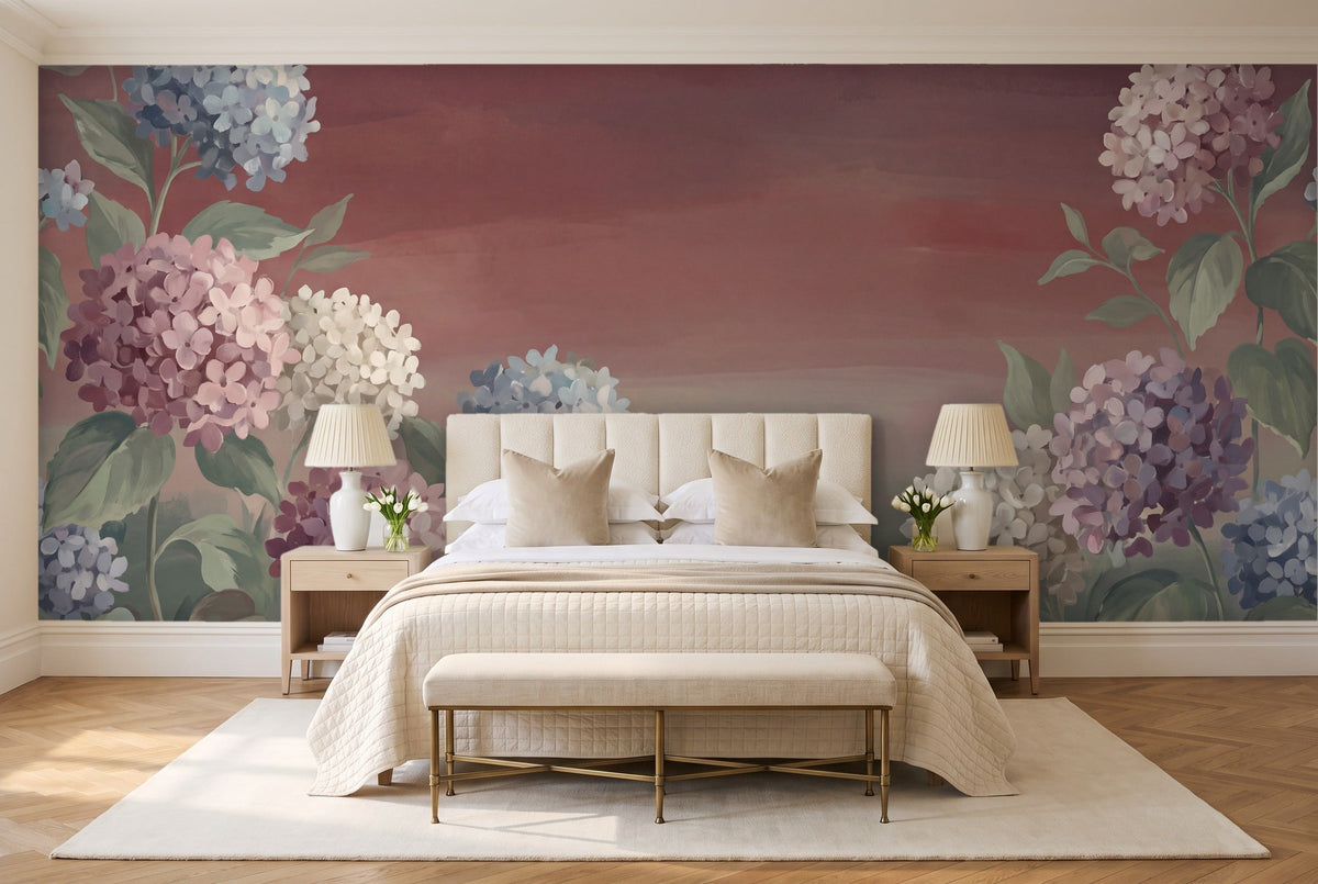 Burgundy Hydrangea Floral Mural in a bedroom