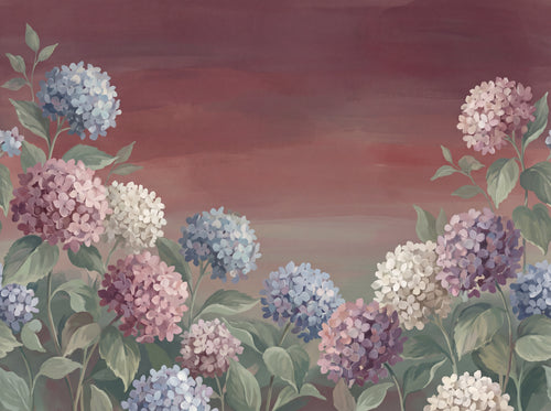Burgundy Hydrangea Floral Mural sample on the real paper