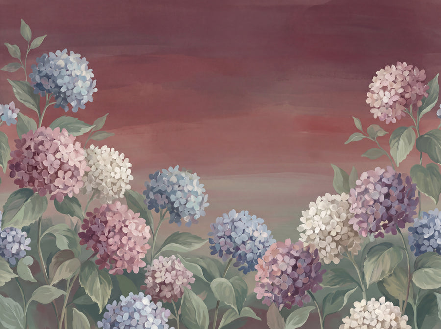 Burgundy Hydrangea Floral Mural, preview of the area printed on your wall