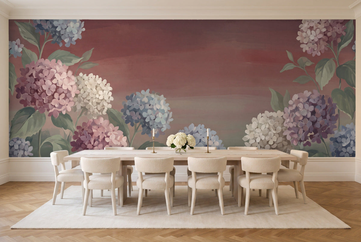 Burgundy Hydrangea Floral Mural in a dining room