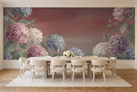Burgundy Hydrangea Floral Mural in a dining room