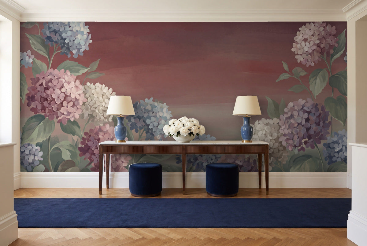 Burgundy Hydrangea Floral Mural in an entryway