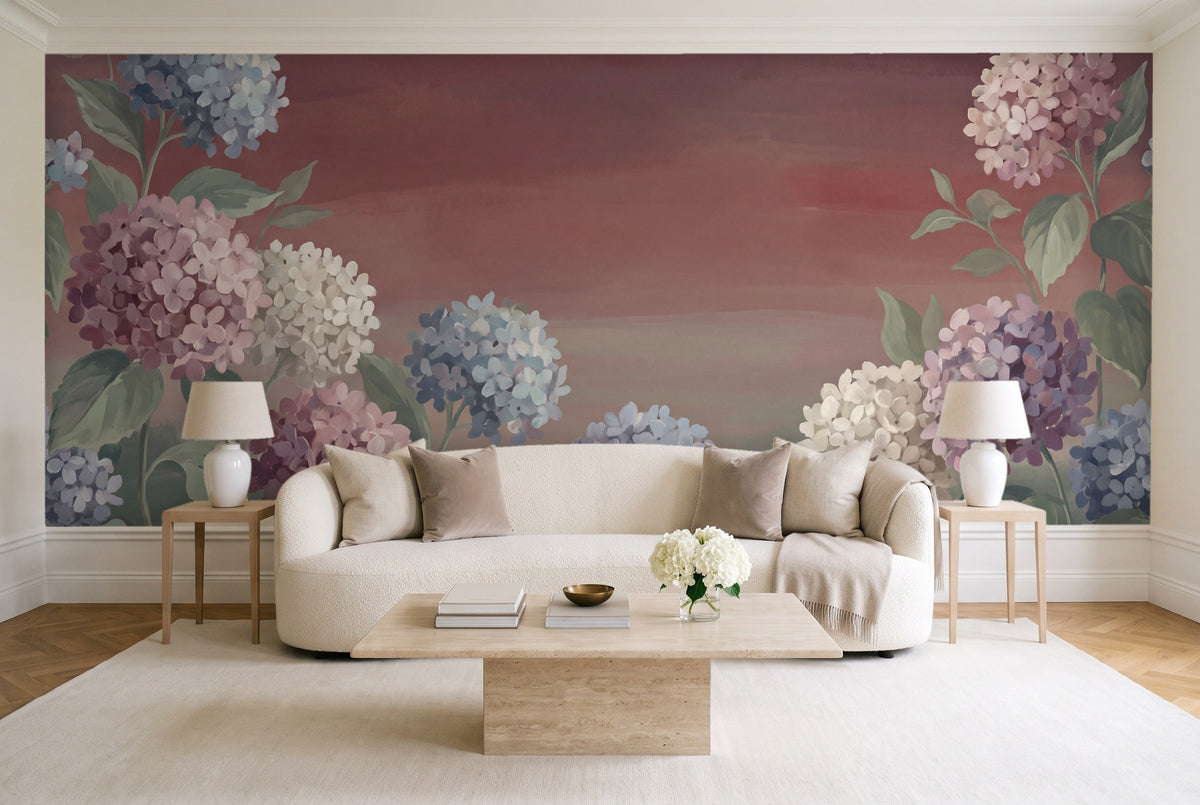 Burgundy Hydrangea Floral Mural in a living room