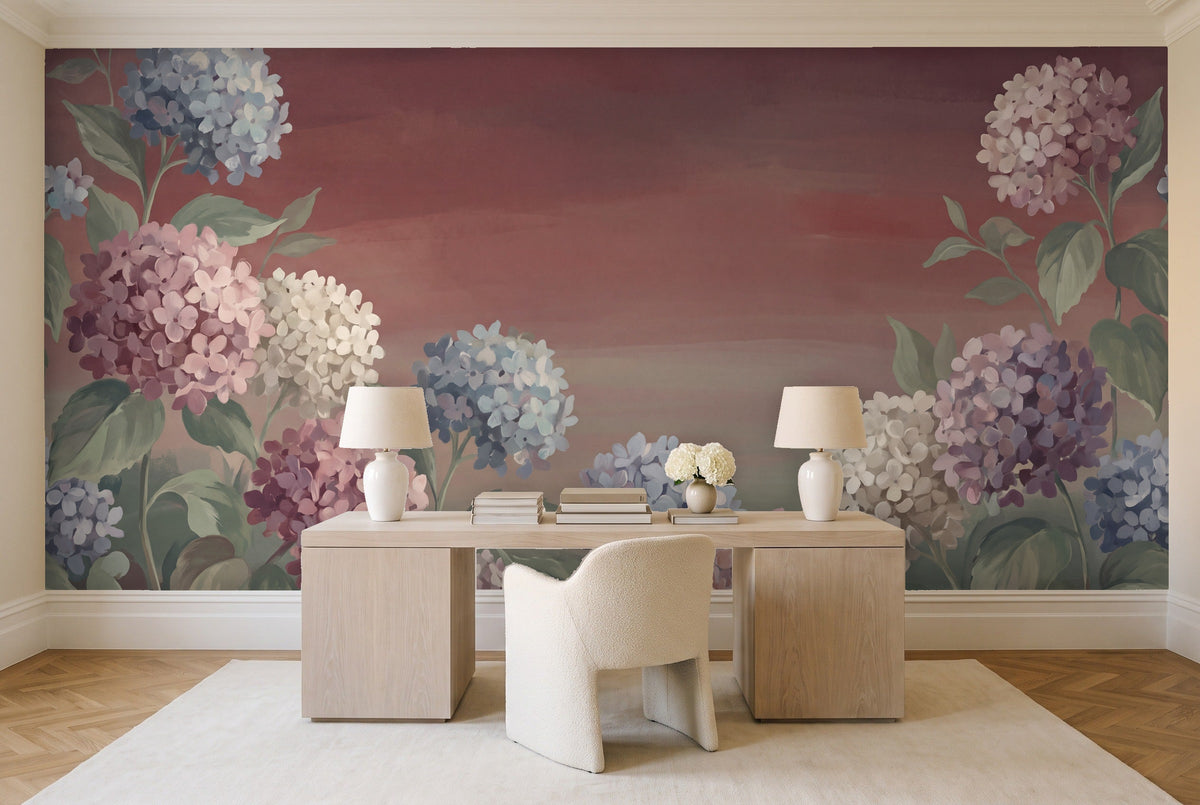 Burgundy Hydrangea Floral Mural in a home office