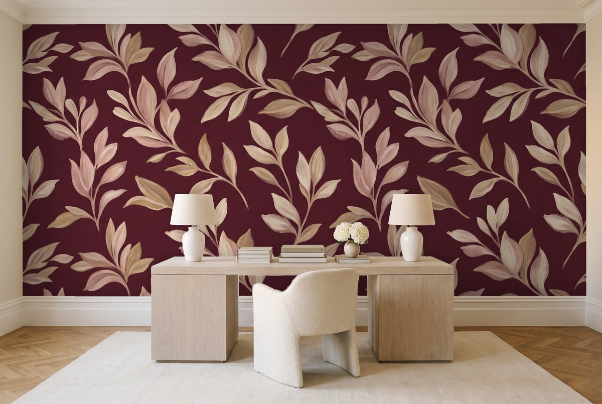 Burgundy Leaf Botanical Mural in a home office