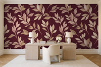 Burgundy Leaf Botanical Mural in a home office