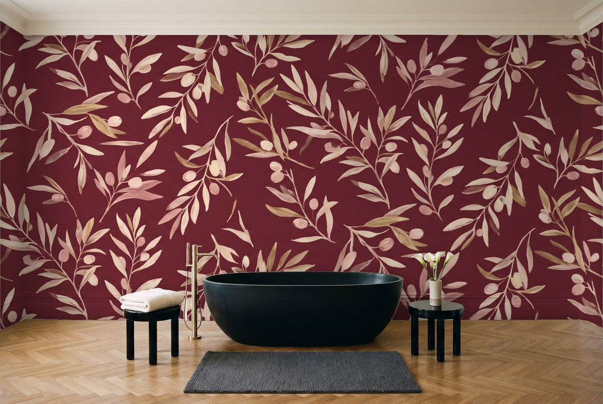 Burgundy Olive Branch Botanical Mural in a bathroom