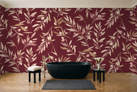 Burgundy Olive Branch Botanical Mural in a bathroom