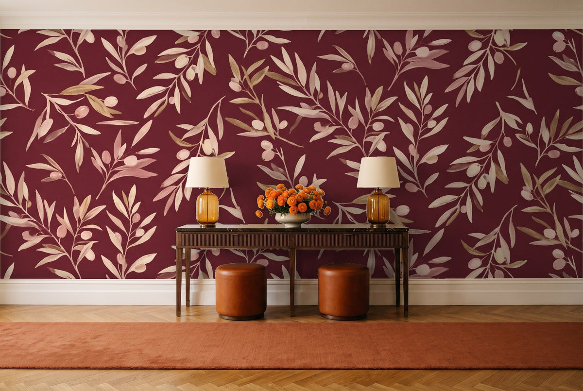 Burgundy Olive Branch Botanical Mural in an entryway