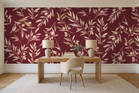 Burgundy Olive Branch Botanical Mural in a home office