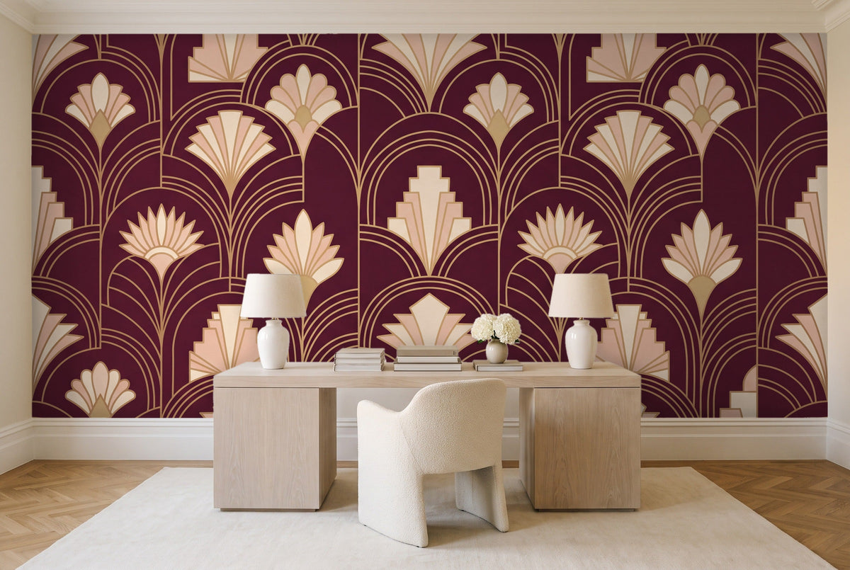 Burgundy Art Deco Mural in a home office
