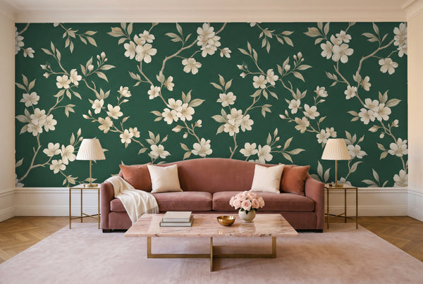 Emerald Cherry Blossom Floral Mural