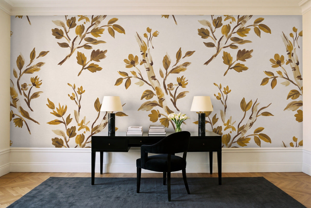 Mustard Birch Botanical Mural in a home office