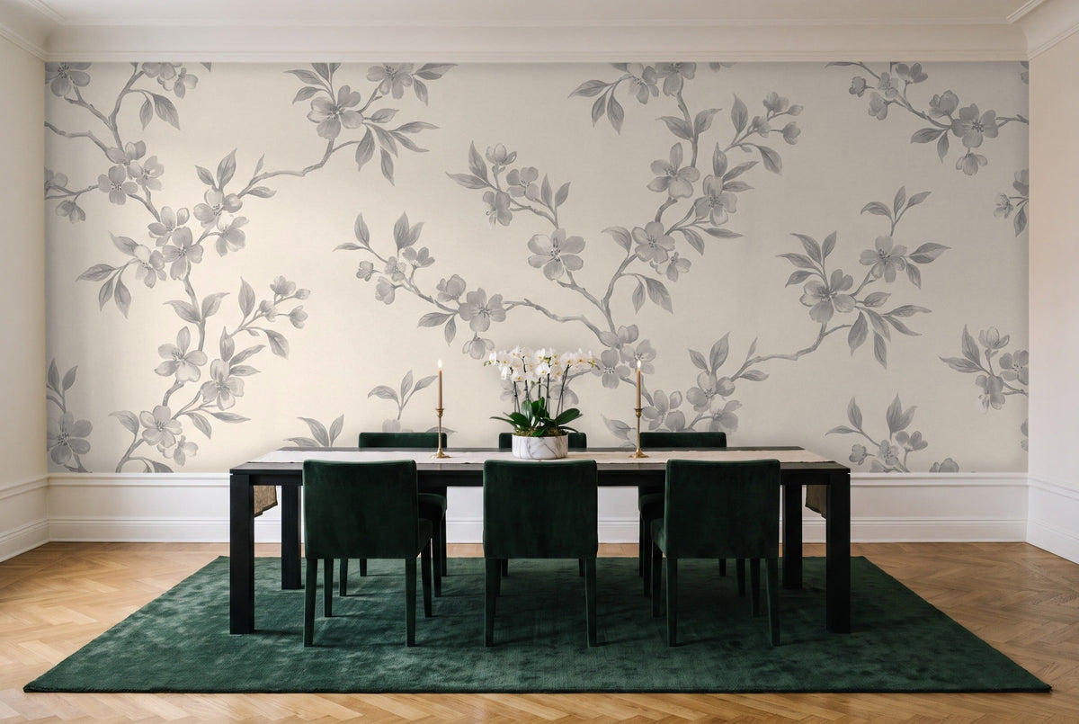 Grey Cherry Blossom Floral Mural in a dining room
