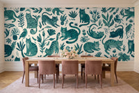 Teal Cat Animal Mural in a dining room