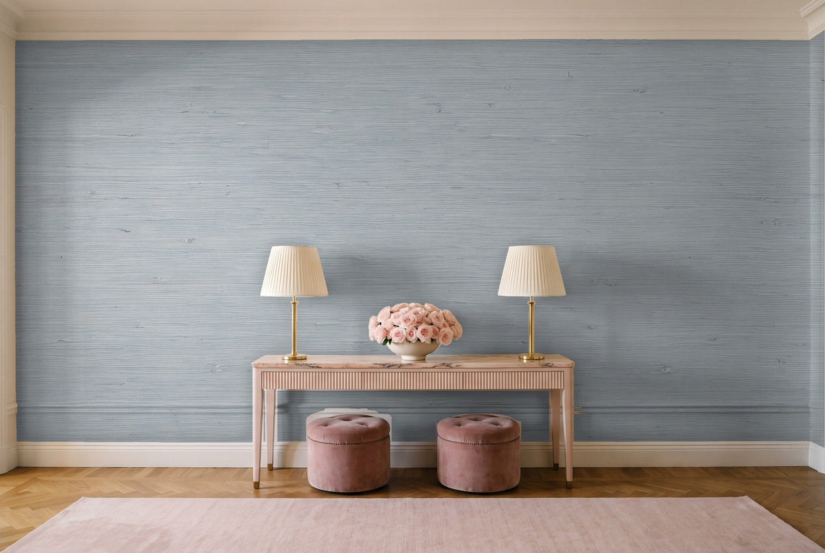 Light Blue Grasscloth Texture Mural in an entryway