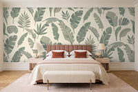 Sage Banana Leaf Tropical Mural in a bedroom