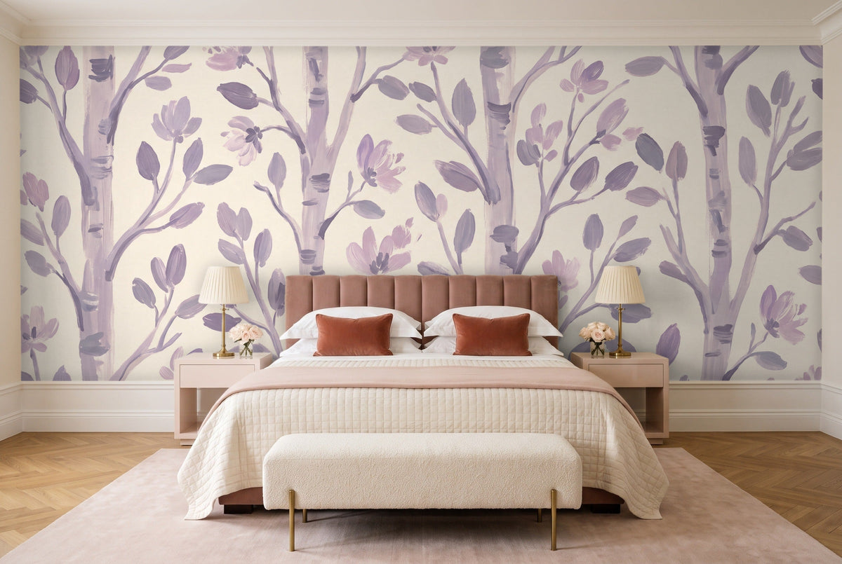 Lilac Birch Botanical Mural in a bedroom