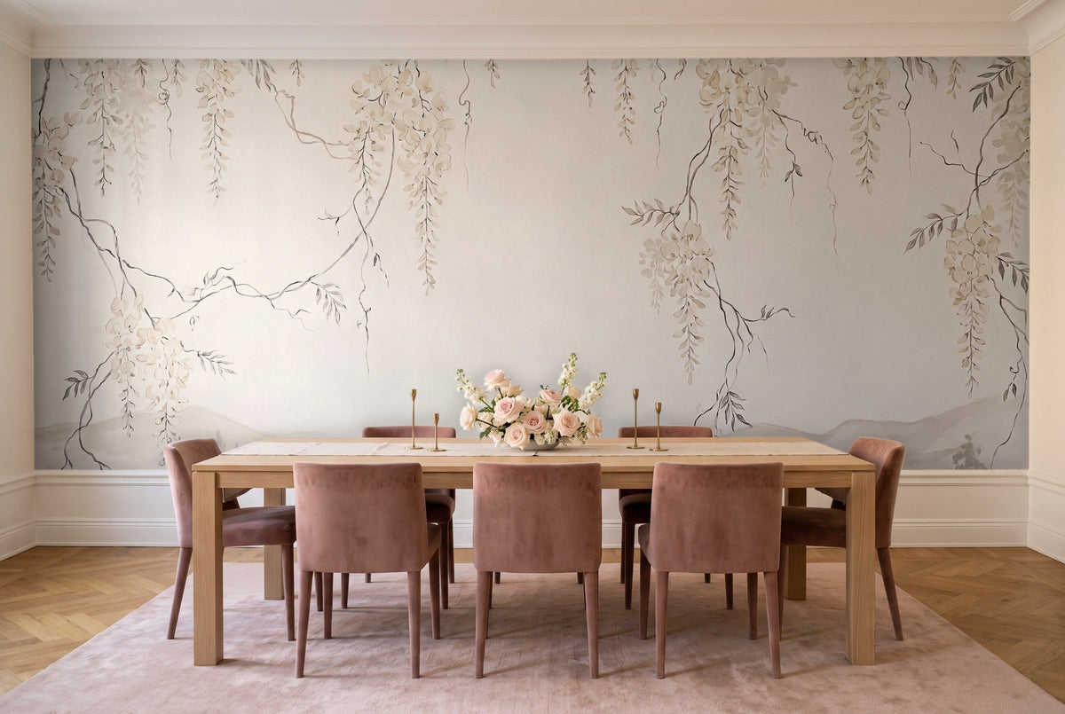 Cream Wisteria Floral Mural in a dining room