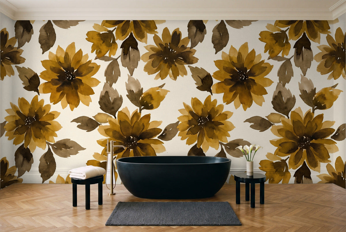 Ochre Dahlia Floral Mural in a bathroom