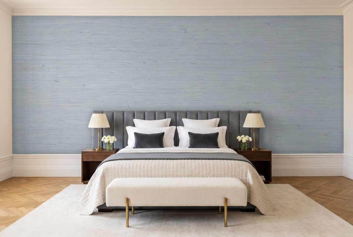 Light Blue Grasscloth Texture Mural in a bedroom