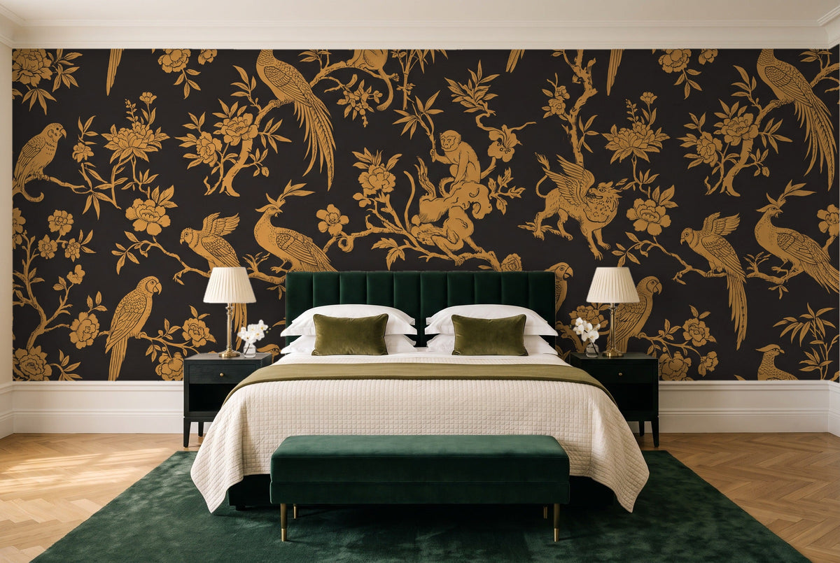 Black And Gold Parrot Animal Mural in a bedroom