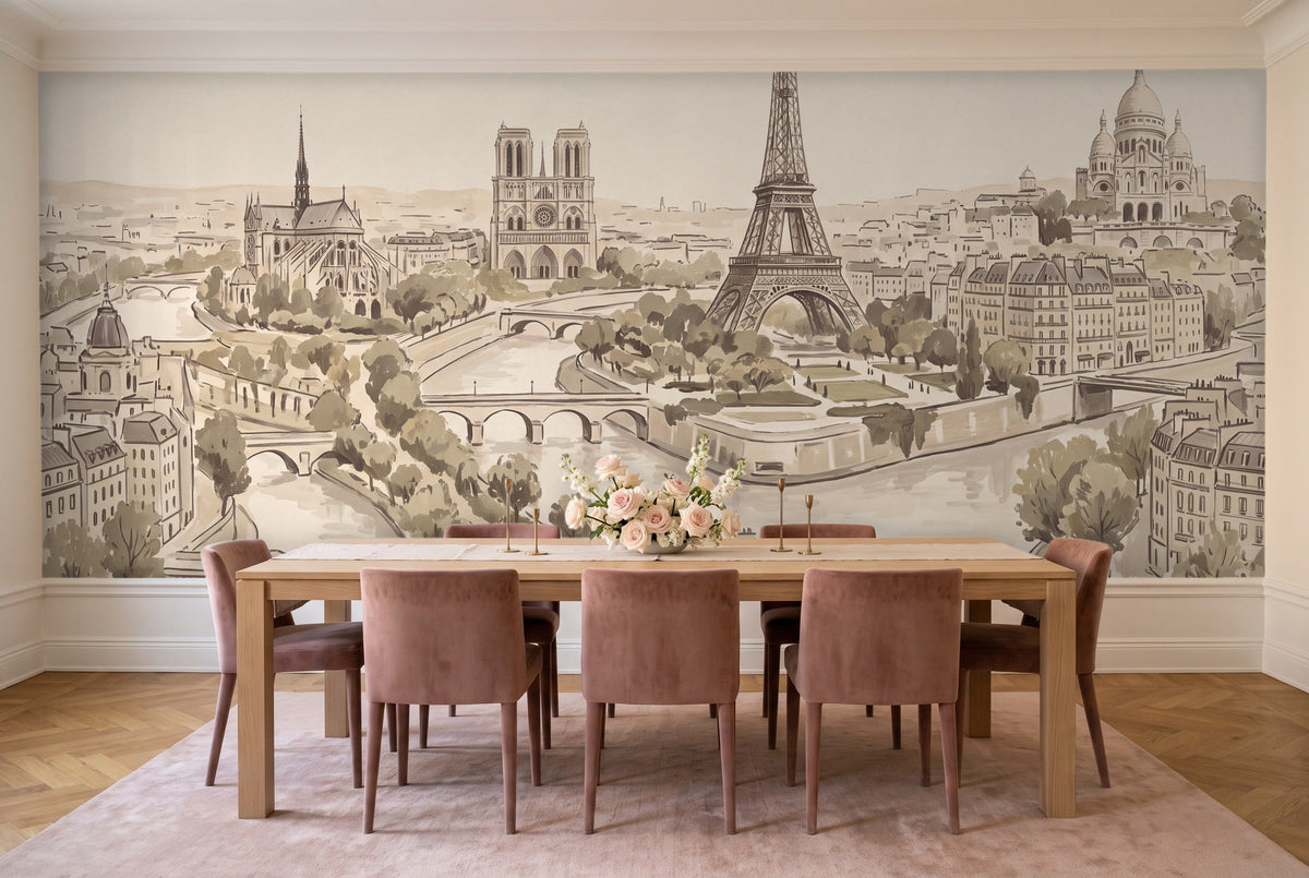 Beige Paris Cityscape Mural in a dining room
