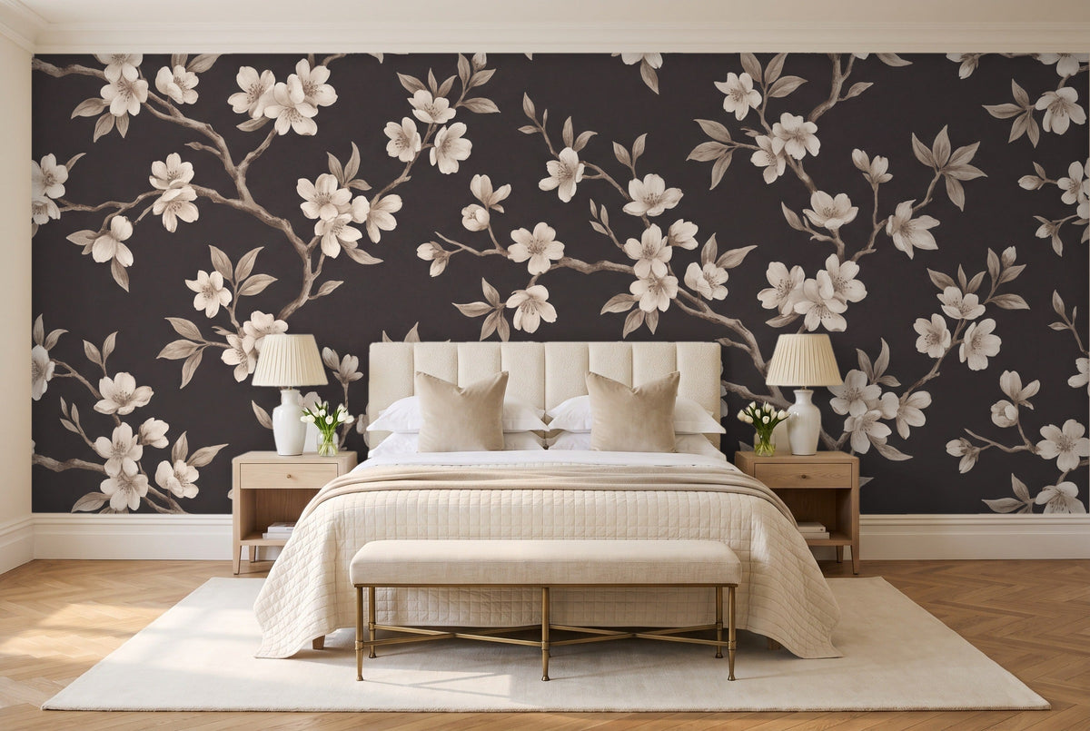 Charcoal Cherry Blossom Floral Mural in a bedroom