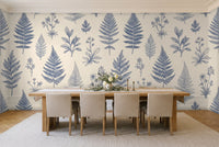 Blue And White Fern Botanical Mural in a dining room