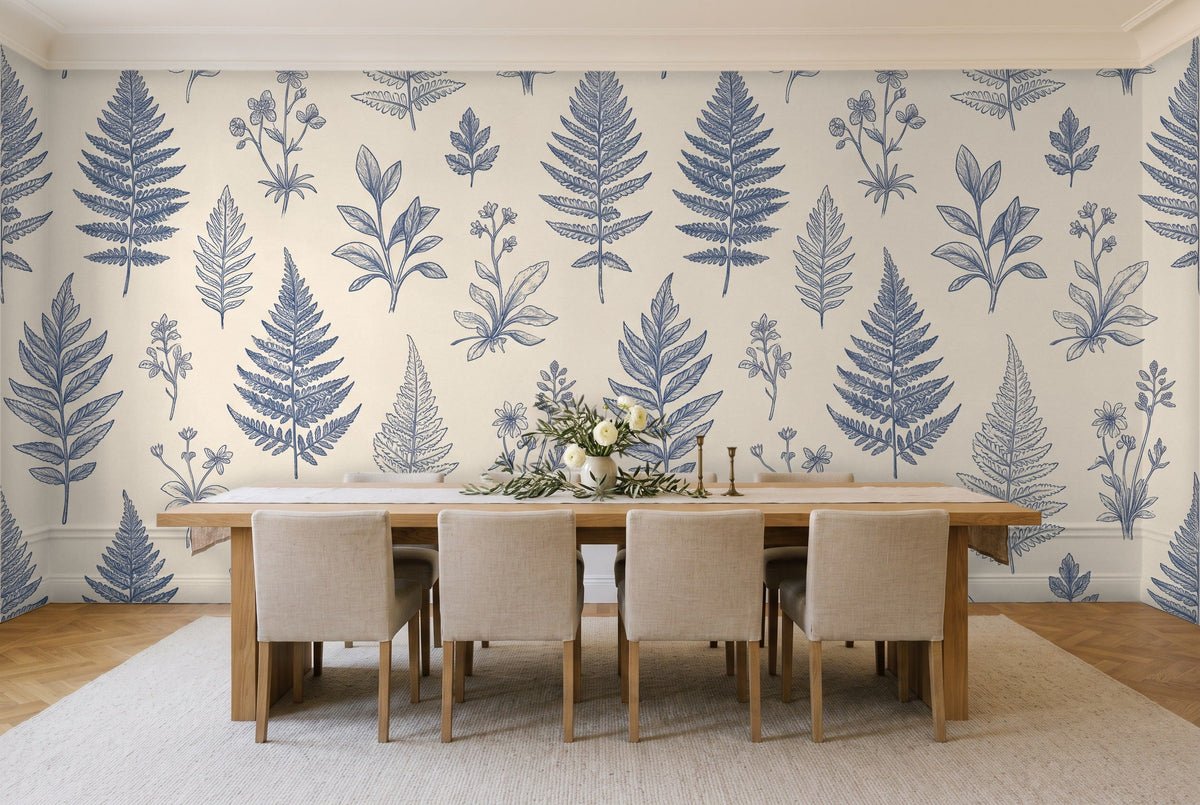 Blue And White Fern Botanical Mural in a dining room