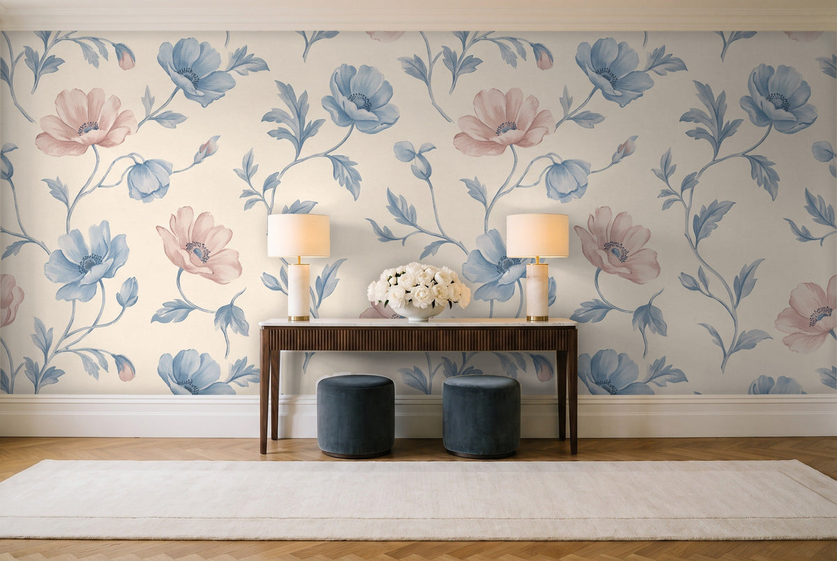 Blue And Pink Poppy Floral Mural in an entryway